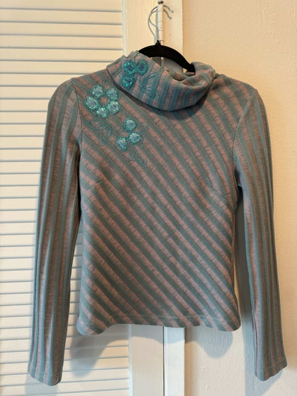 Women's Striped Turtleneck Sweater with Floral Sequin Detail - Gray & Teal